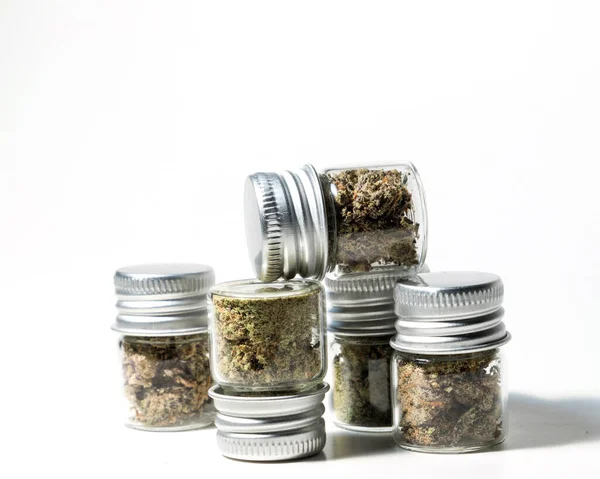 Closeup Marijuana Buds Glass Jars Isolated White Background — Fotografia de Stock