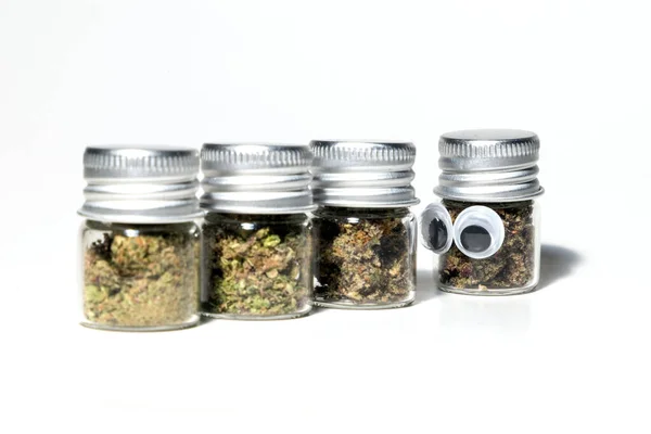 Closeup Marijuana Jars Cannabis Character Eyes White Background — Stockfoto