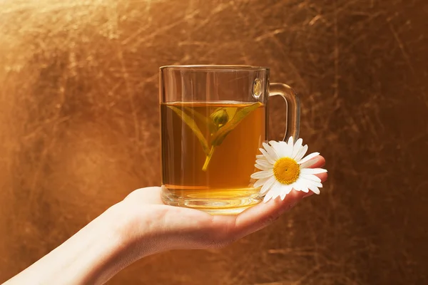 Una tazza di tè nel palmo della mano — Foto Stock