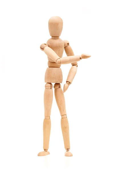 Wooden dummy proudly presents thing — Stock Photo, Image