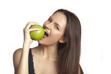 beyaz üzerine apple ile gülümseyen kadın