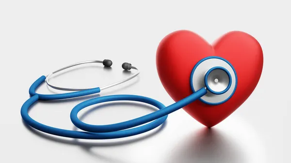 白い背景に聴診器と心臓 医療用具 3Dレンダリングイラスト — ストック写真