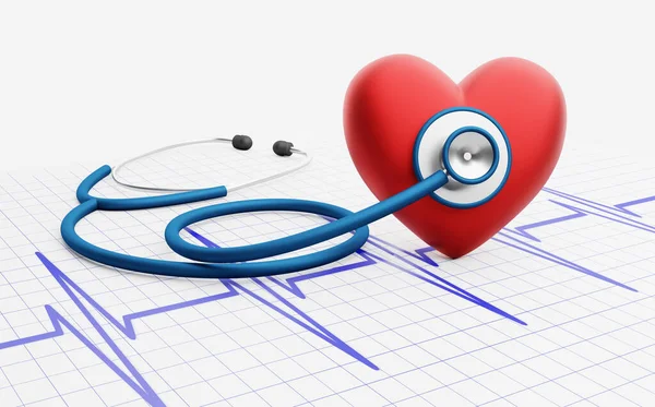 Stetoskop ve elektrokardiyogramlı kırmızı kalp. EKG ve tıbbi alet. 3d resimlendirme.
