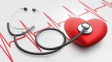 Stetoskop ve elektrokardiyogramlı kırmızı kalp. EKG ve tıbbi alet. 3d resimlendirme.