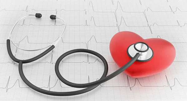心電図で聴診器と赤の心臓 背景のEcg曲線 3Dレンダリングイラスト — ストック写真