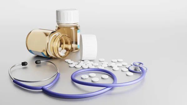 Stethoscope Medicine Bottle Tablets Scattered — ストック写真
