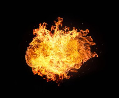 Ateş topu dairesi alev alev alev yanan cehennem sıcaklığı siyah üzerine izole edildi. Üstüste Ekran Efekti. 