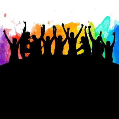 Renkli mutlu grup insanları resim siluetinden atlarlar. Neşeli erkek ve kadın izole edilmiş. Eğlenceli arkadaş geçmişi. Etkileyici dans, caz, funk, hip-hop