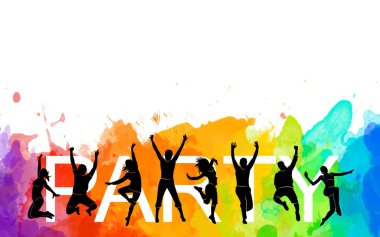 Renkli mutlu grup insanları resim siluetinden atlarlar. Neşeli erkek ve kadın izole edilmiş. Eğlenceli arkadaş geçmişi. Etkileyici dans, caz, funk, hip-hop