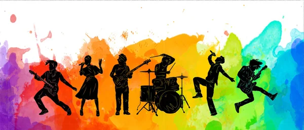 音楽家のシルエット 楽器のイラストを持つ人々のグループ 音楽ロック ジャズの背景 — ストック写真