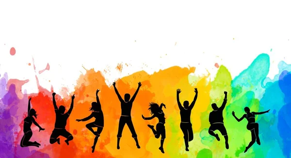 Grupo Feliz Colorido Pessoas Saltar Silhueta Ilustração Homem Mulher Alegres — Fotografia de Stock