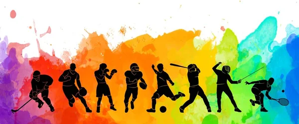 彩色运动背景 曲棍球 图解五彩斑斓的运动员轮廓 — 图库照片