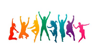  Renkli mutlu grup insanları vektör illüstrasyon siluetini atlarlar. Neşeli erkek ve kadın izole edilmiş. Eğlenceli arkadaş geçmişi. Etkileyici dans, caz, funk, hip-hop