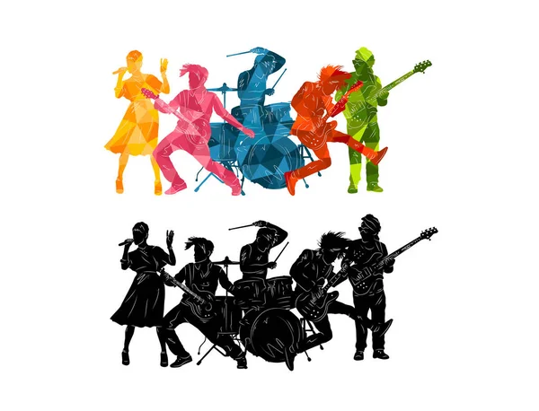 音楽家のシルエット 楽器のイラストを持つ人々のグループ 音楽ロック ジャズベクトルの背景 — ストックベクタ