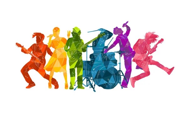 音楽家のシルエット 楽器のイラストを持つ人々のグループ 音楽ロック ジャズベクトルの背景 — ストックベクタ