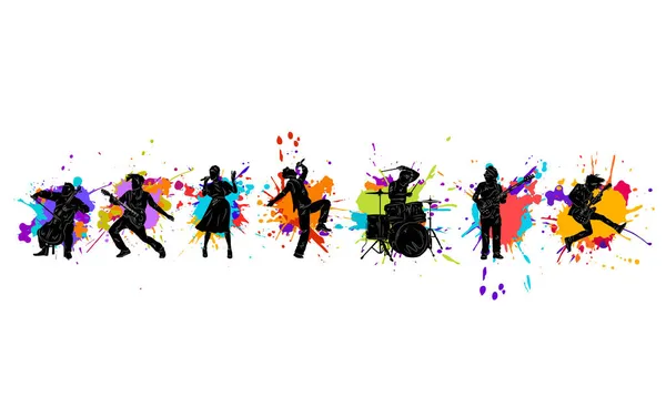Silhouetten Van Muzikanten Groep Mensen Met Muziekinstrumenten Illustratie Muziek Rock — Stockvector