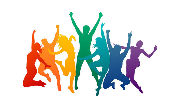  Colorful happy group people jump vector illustration silhouette. Cheerful man and woman isolated. Jumping fun friends background. Expressive dance dancing, jazz, funk, hip-hop