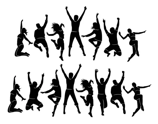 カラフルな幸せなグループの人々のベクトルイラストのシルエットジャンプします 陽気な男と女が孤立した 楽しい友人の背景をジャンプ 表現ダンス ジャズ ファンク ヒップホップ — ストックベクタ