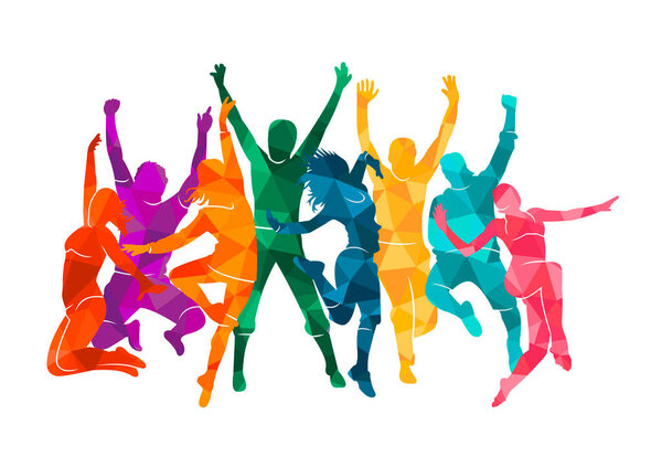  Colorful happy group people jump vector illustration silhouette. Cheerful man and woman isolated. Jumping fun friends background. Expressive dance dancing, jazz, funk, hip-hop
