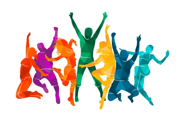 Красочные Счастливые Группы Людей Прыгать Векторные Иллюстрации Силуэт Веселые Мужчина — стоковый вектор