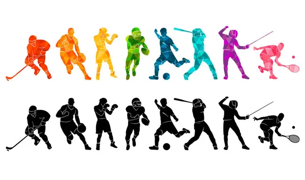  Renkli spor geçmişi. Futbol, basketbol, hokey, kutu, beyzbol, tenis. Vektör illüstrasyonu renkli siluetler atletler