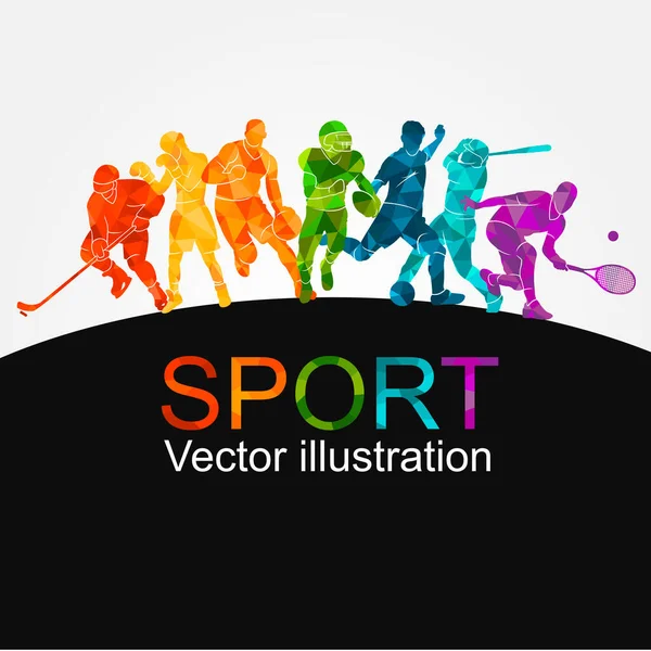  Renkli spor geçmişi. Futbol, basketbol, hokey, kutu, beyzbol, tenis. Vektör illüstrasyonu renkli siluetler atletler