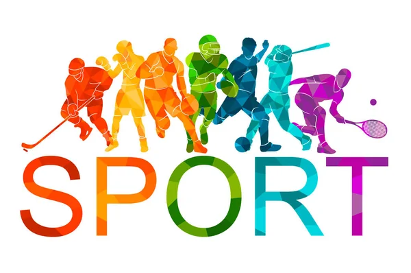  Renkli spor geçmişi. Futbol, basketbol, hokey, kutu, beyzbol, tenis. Vektör illüstrasyonu renkli siluetler atletler