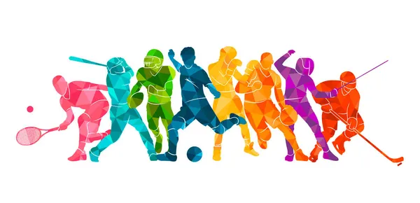  Renkli spor geçmişi. Futbol, basketbol, hokey, kutu, beyzbol, tenis. Vektör illüstrasyonu renkli siluetler atletler