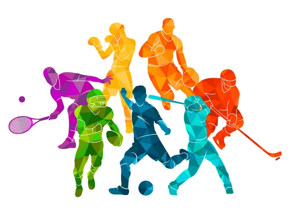  Renkli spor geçmişi. Futbol, basketbol, hokey, kutu, beyzbol, tenis. Vektör illüstrasyonu renkli siluetler atletler