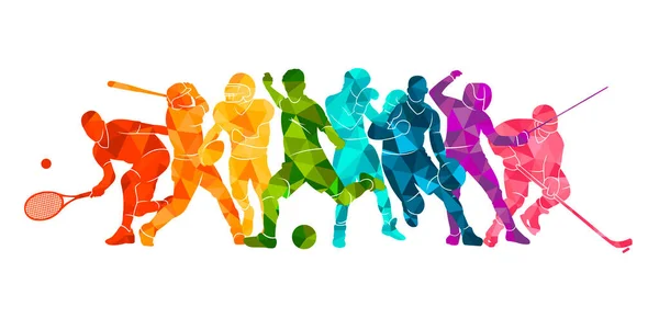  Renkli spor geçmişi. Futbol, basketbol, hokey, kutu, beyzbol, tenis. Vektör illüstrasyonu renkli siluetler atletler