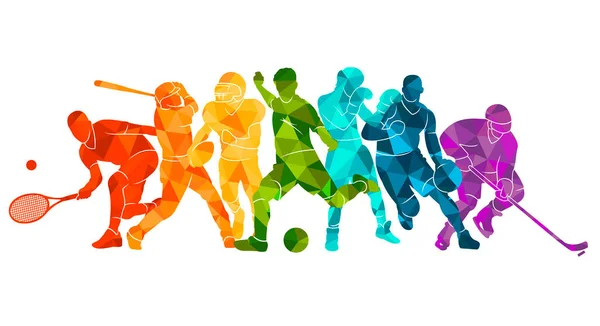  Renkli spor geçmişi. Futbol, basketbol, hokey, kutu, beyzbol, tenis. Vektör illüstrasyonu renkli siluetler atletler