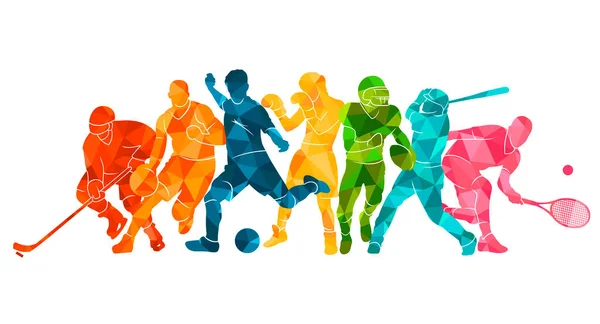 Renkli spor geçmişi. Futbol, basketbol, hokey, kutu, beyzbol, tenis. Vektör illüstrasyonu renkli siluetler atletler