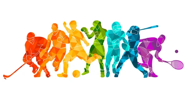  Renkli spor geçmişi. Futbol, basketbol, hokey, kutu, beyzbol, tenis. Vektör illüstrasyonu renkli siluetler atletler