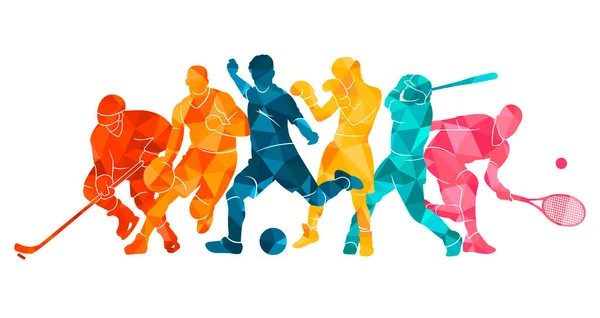  Renkli spor geçmişi. Futbol, basketbol, hokey, kutu, beyzbol, tenis. Vektör illüstrasyonu renkli siluetler atletler