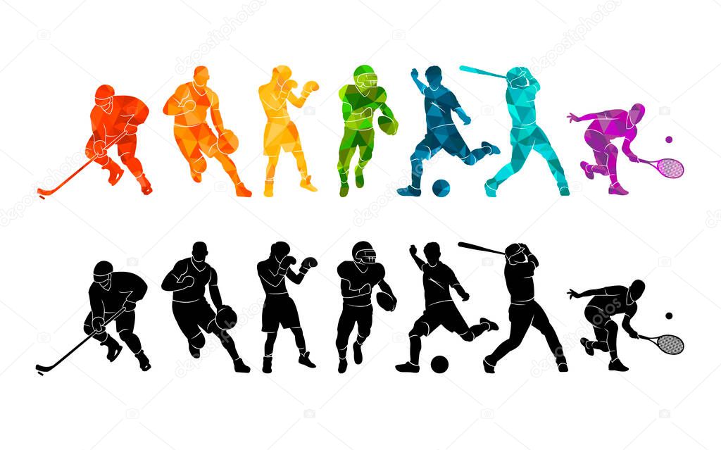  Color sport background. Football, basketball, hockey, box, baseball, tennis. Vector illustration colorful silhouettes athletes