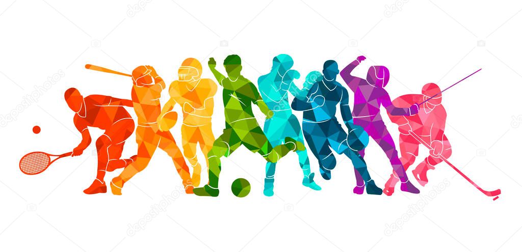  Color sport background. Football, basketball, hockey, box, baseball, tennis. Vector illustration colorful silhouettes athletes