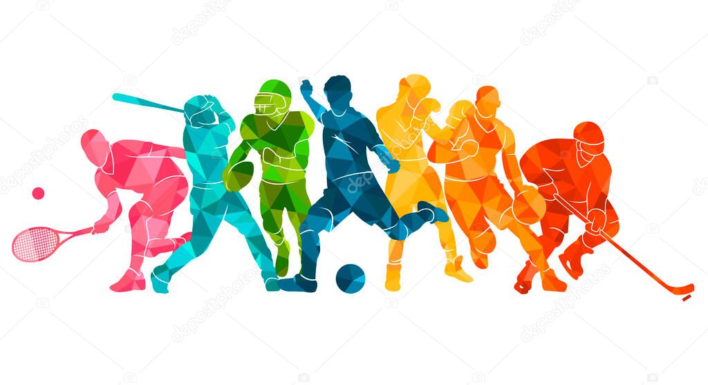  Color sport background. Football, basketball, hockey, box, baseball, tennis. Vector illustration colorful silhouettes athletes