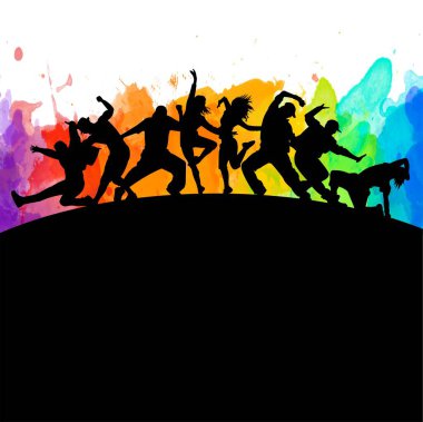Detaylı suluboya çizim siluetleri dans eden anlamlı dansçıların. Caz funk, hip-hop, ev dansı harfleri. Dansçı.
