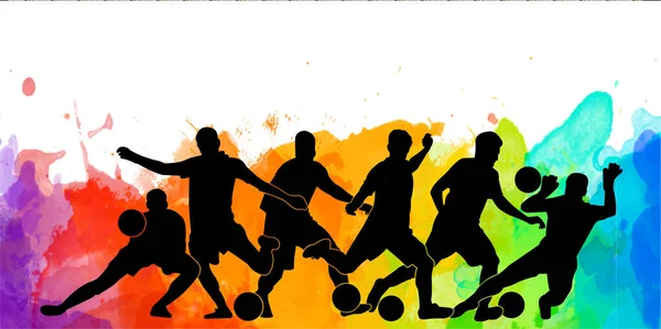 Futbolcu Suluboya Çizim Silueti Renkli Arka Plan Sporları Poster Pankartı — Stok fotoğraf