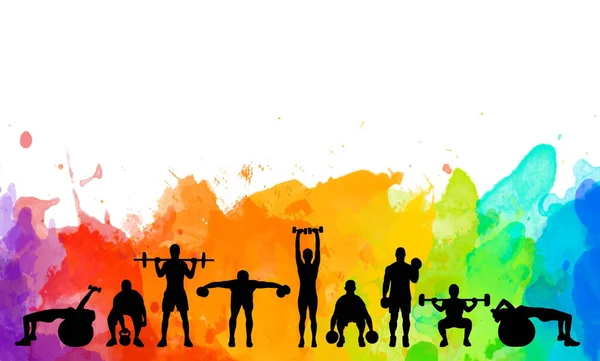 Detaylı suluboya resimli siluetler güçlü yuvarlanan insanlar kız ve erkek spor fitness vücut geliştirme egzersiz halterleri ağırlık kaldırma eğitimi halterleri. Sağlıklı yaşam tarzı. 