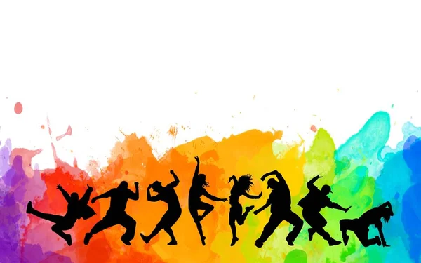 Detaylı suluboya çizim siluetleri dans eden anlamlı dansçıların. Caz funk, hip-hop, ev dansı harfleri. Dansçı.