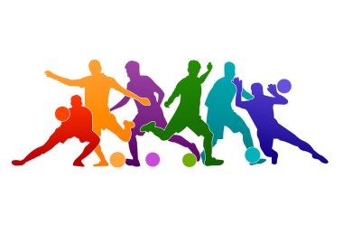  Futbolcu vektör illüstrasyonu silüeti renkli arka plan sporu insanları poster pankartı tasarımı