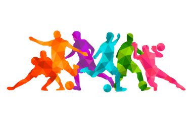  Futbolcu vektör illüstrasyonu silüeti renkli arka plan sporu insanları poster pankartı tasarımı