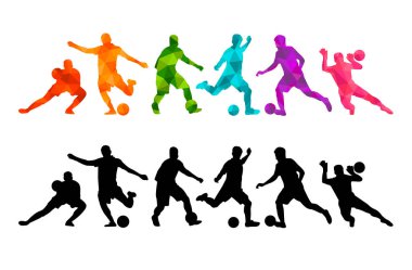  Futbolcu vektör illüstrasyonu silüeti renkli arka plan sporu insanları poster pankartı tasarımı