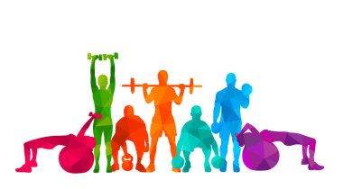  Detaylı vektör illüstrasyon siluetleri güçlü yuvarlanan insanlar kız ve erkek spor spor spor salonu vücut geliştirme egzersizleri ağırlık kaldırma sağlık halteri halterleri. Sağlıklı yaşam tarzı. 