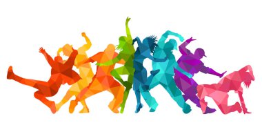  Dans eden dansçıların detaylı vektör illüstrasyon siluetleri. Caz funk, hip-hop, ev dansı harfleri. Dansçı.