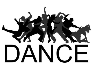  Dans eden dansçıların detaylı vektör illüstrasyon siluetleri. Caz funk, hip-hop, ev dansı harfleri. Dansçı.