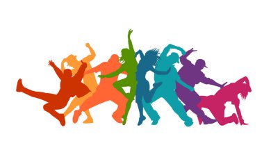  Dans eden dansçıların detaylı vektör illüstrasyon siluetleri. Caz funk, hip-hop, ev dansı harfleri. Dansçı.