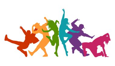  Dans eden dansçıların detaylı vektör illüstrasyon siluetleri. Caz funk, hip-hop, ev dansı harfleri. Dansçı.