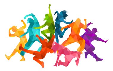  Dans eden dansçıların detaylı vektör illüstrasyon siluetleri. Caz funk, hip-hop, ev dansı harfleri. Dansçı.